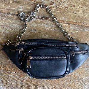 Black leather belt bag with chain strap